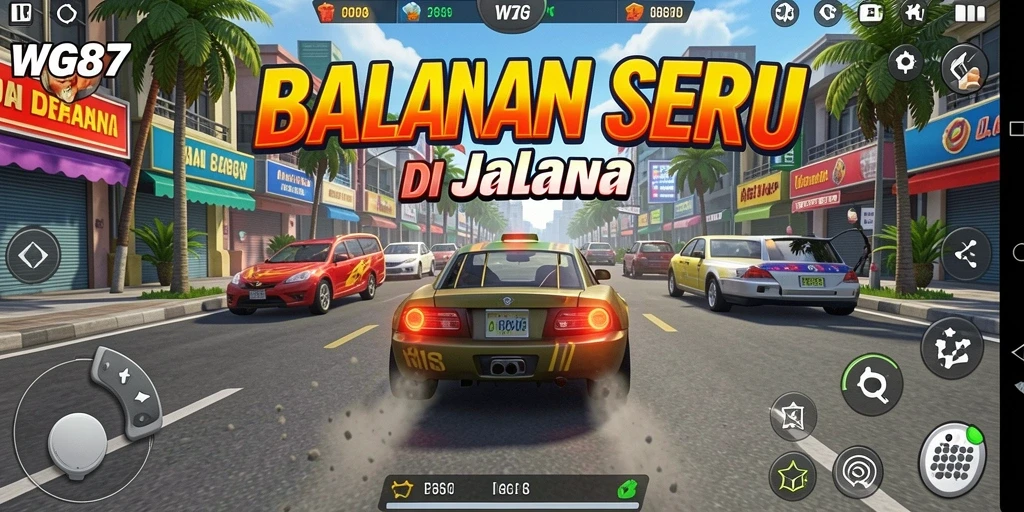 Screenshot gameplay WG87 menampilkan aksi balapan yang mendebarkan.